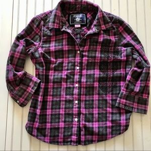 PINK 3/4 sleeve purple and black flannel SZ Medium